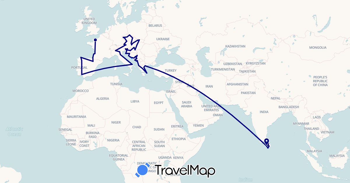 TravelMap itinerary: driving, boat in Albania, Austria, Bosnia and Herzegovina, Czech Republic, Spain, France, Greece, Croatia, Hungary, Italy, Sri Lanka, Montenegro, Slovenia, Slovakia (Asia, Europe)